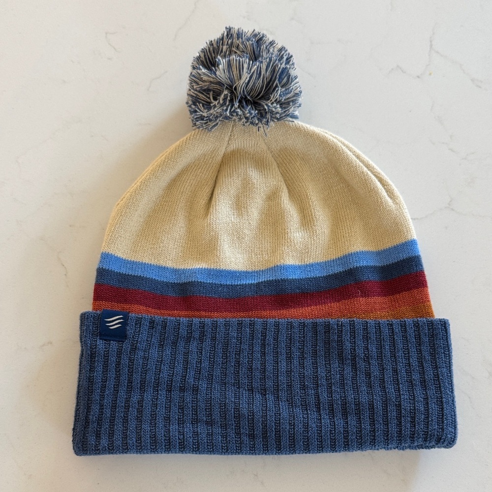 United By Blue Striped Pom Beanie in Cream and Blue